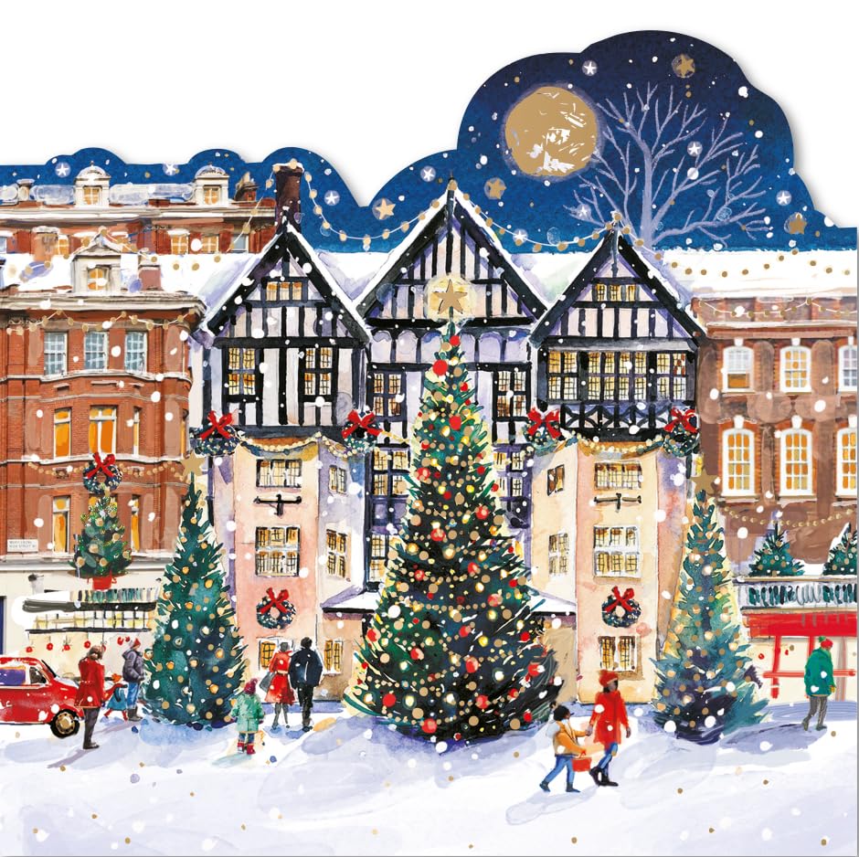 Festive Shopping in Town Premium Box of 10 Die Cut Matt & Gold Foil Finish Christmas Cards