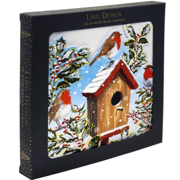 Robin Friends at Birdhouse Gold Foil Matt Finish Die Cut Premium Box of 10 Christmas Cards