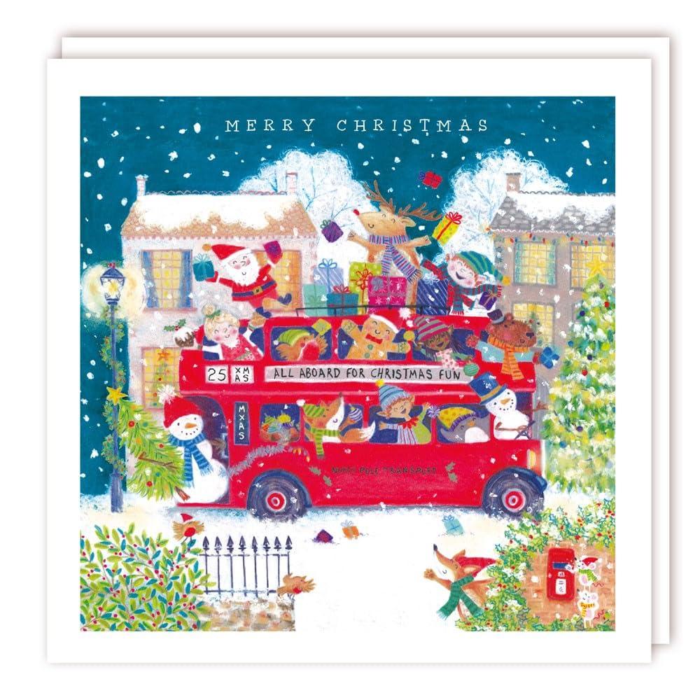 All Aboard for Xmas Fun Double Decker Bus Pack of 5 Charity Christmas Cards - Eco-Friendly by Tracks Publishing