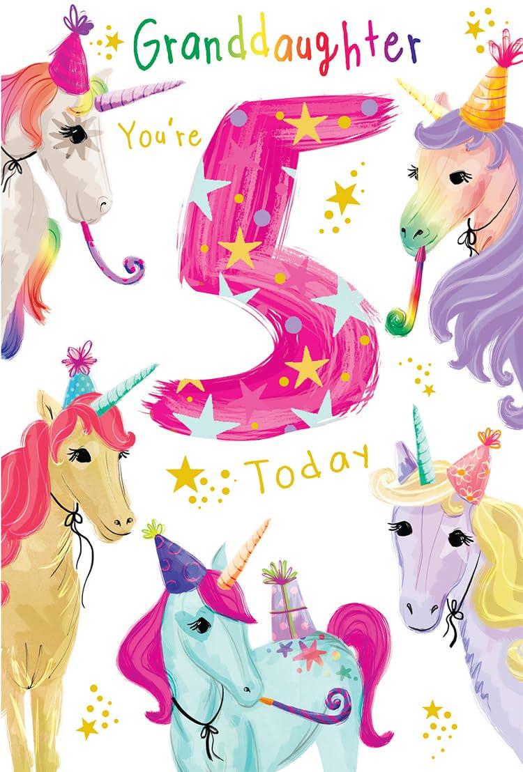 Granddaughter 5th Birthday Card Age 5 Unicorns Printed Insert with Lovely Verse