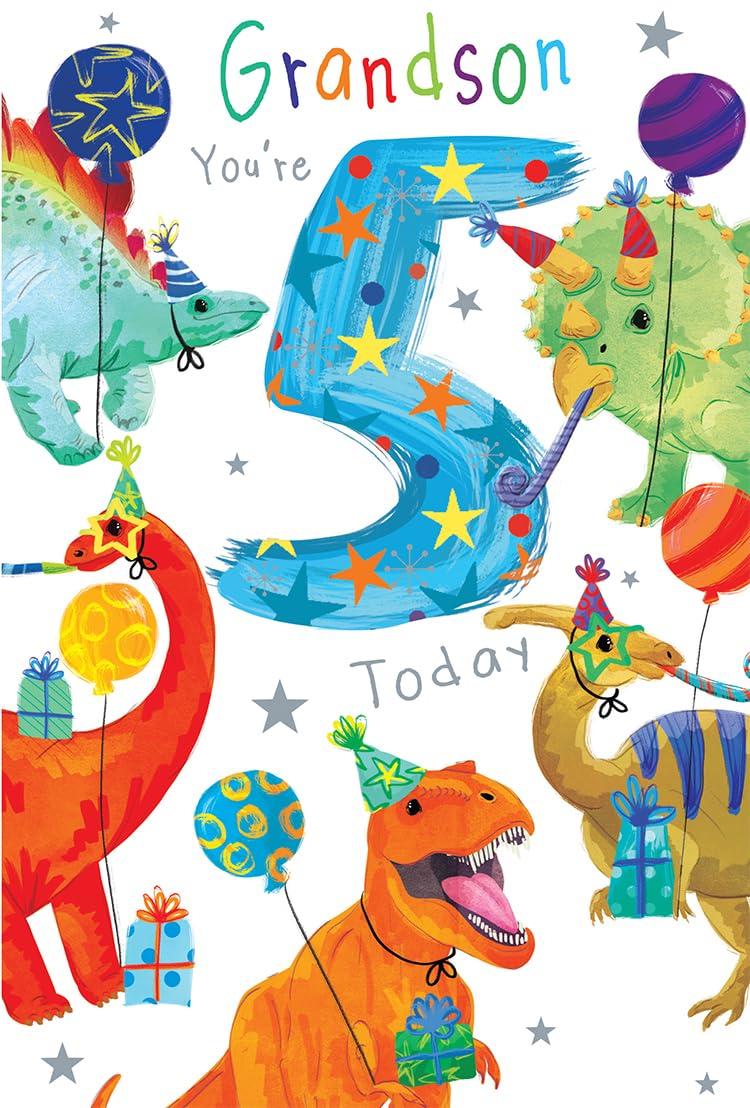 Grandson 5th Birthday Card Age 5 Dinosaurs Fun Printed Insert with Lovely Verse