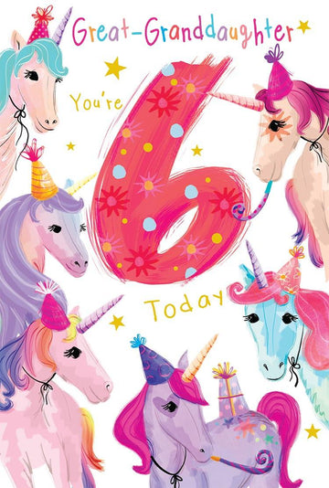 Great Granddaughter 6th Birthday Card Age 6 Unicorns Printed Insert Lovely Verse