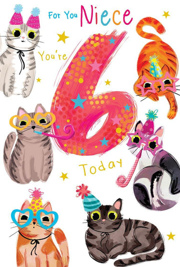 Niece 6th Birthday Card Age 6 Cats Kittens Cute Fun Printed Insert Lovely Verse