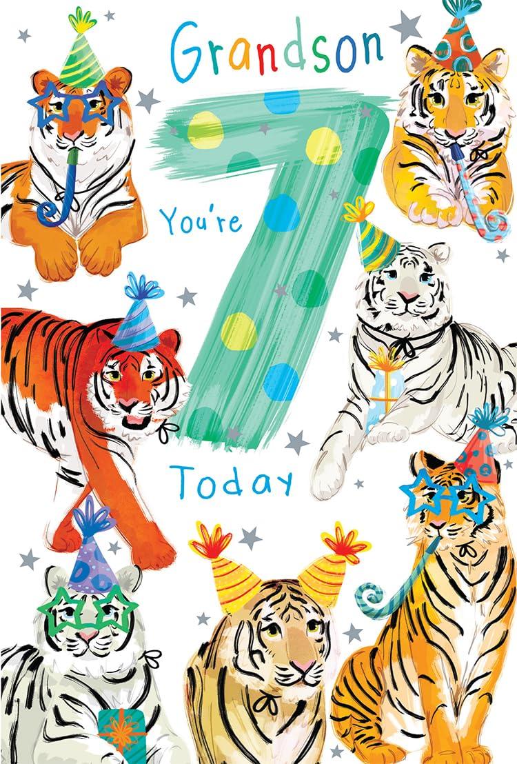 Grandson 7th Birthday Card Age 7 Tigers Party Fun Printed Insert Lovely Verse