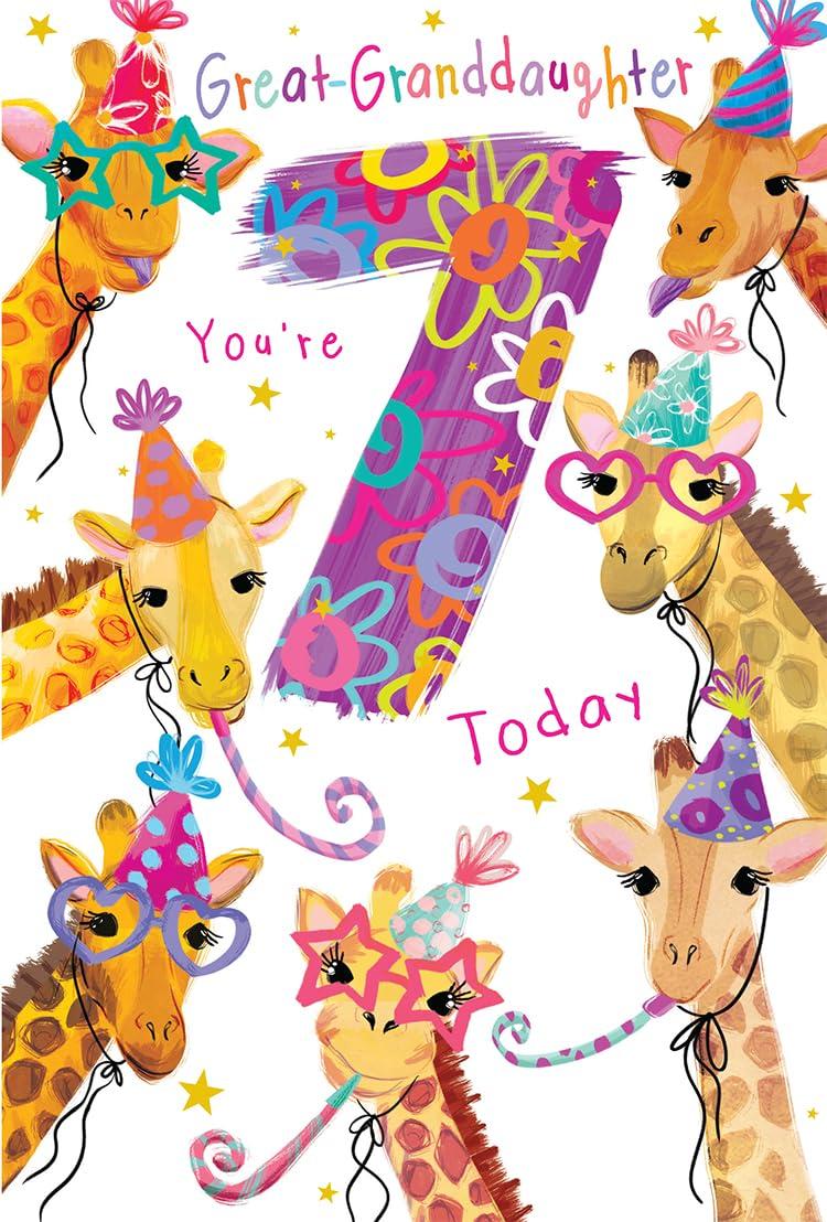 Great Granddaughter 7th Birthday Card Age 7 Giraffes Printed Insert Lovely Verse