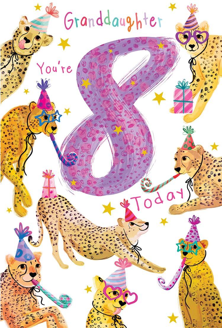 Granddaughter 8th Birthday Card Age 8 Cheetahs Leopards with Lovely Verse Insert