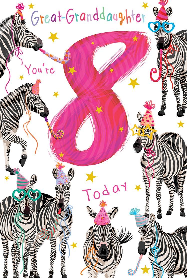 Great Granddaughter 8th Birthday Card Age 8 Zebras Fun Insert with Lovely Verse