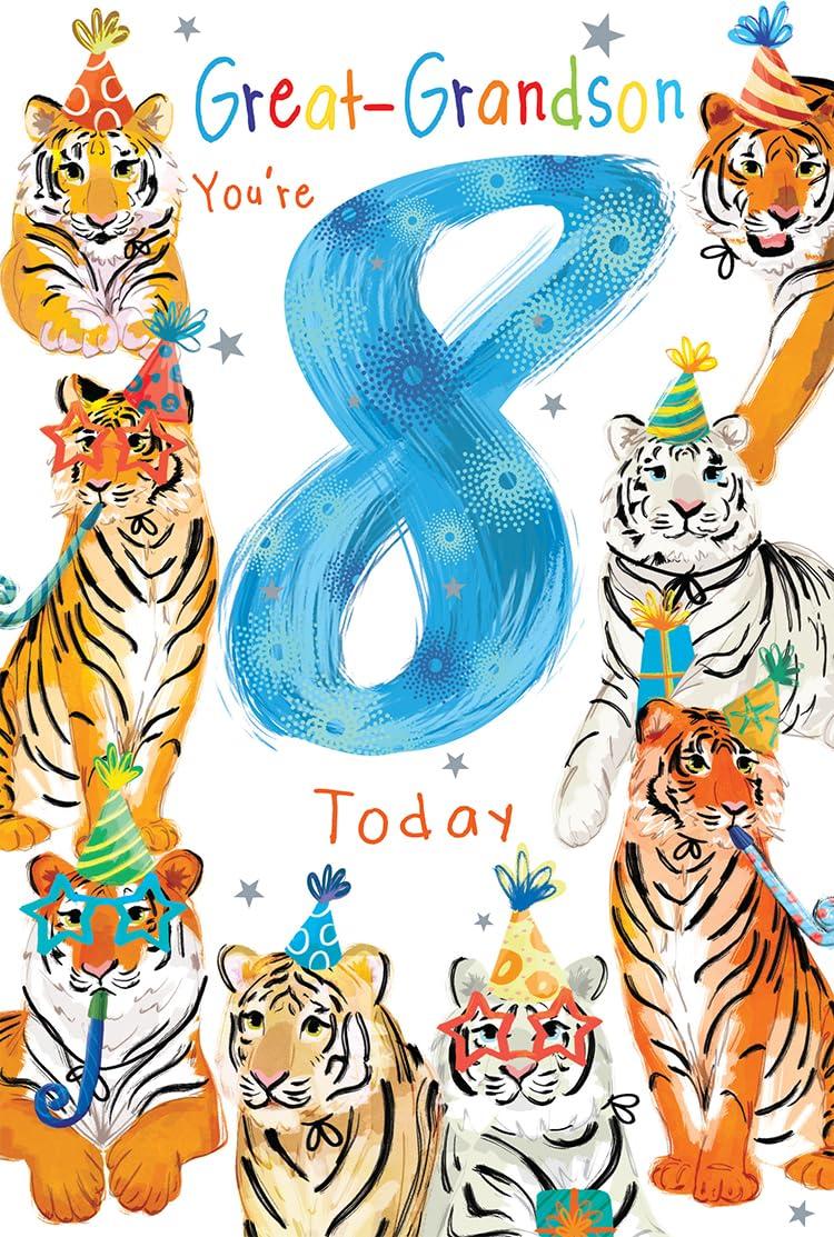 Great Grandson 8th Birthday Card Age 8 Tigers Party Fun Insert with Lovely Verse