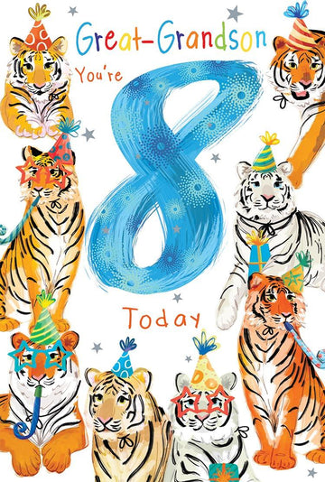 Great Grandson 8th Birthday Card Age 8 Tigers Party Fun Insert with Lovely Verse