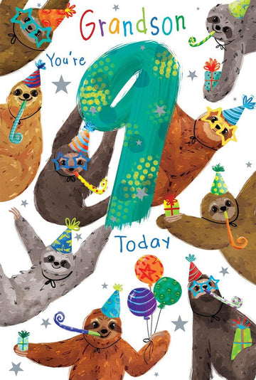 Grandson 9th Birthday Card Age 9 Sloths Party Fun Printed Insert Lovely Verse