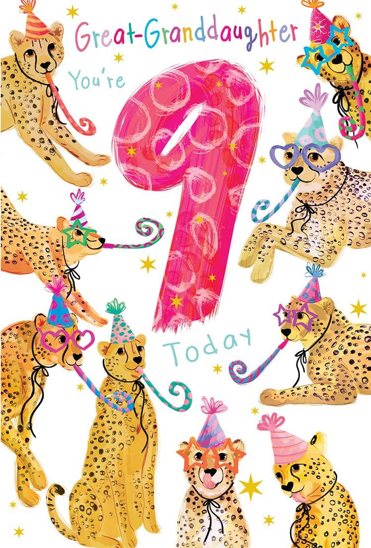 Granddaughter 9th Birthday Card Age 9 Cheetahs Party Printed Insert Lovely Verse