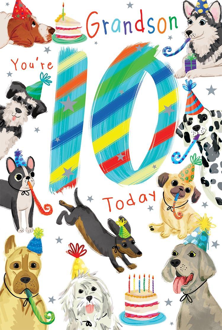 Grandson 10th Birthday Card Age 10 Puppy Dogs Party Printed Insert Lovely Verse