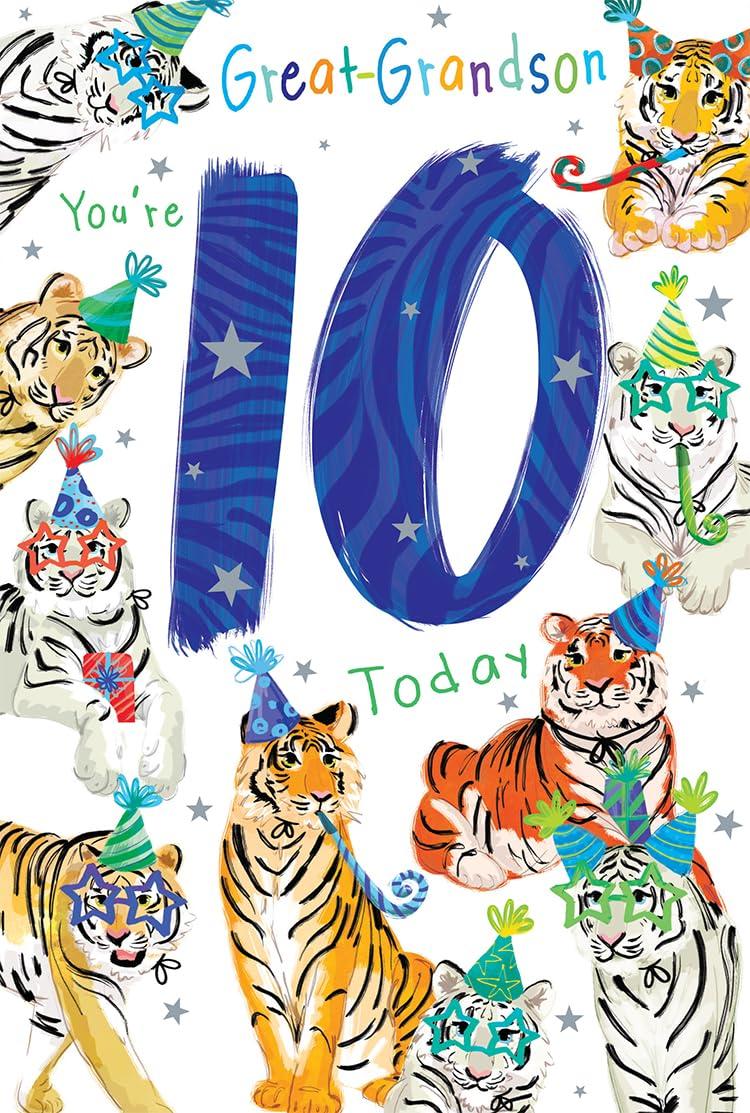 Great Grandson 10th Birthday Card Age 10 Tigers Fun Printed Insert Lovely Verse