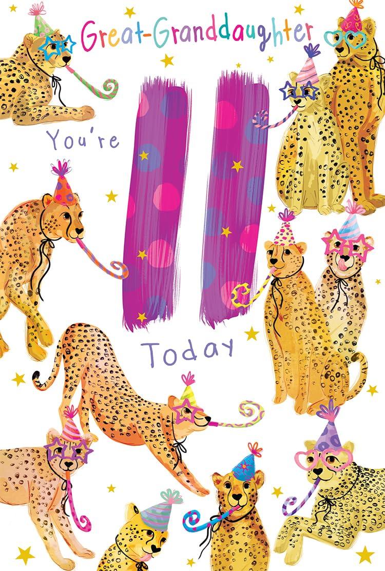 Great Granddaughter 11th Birthday Card Age 11 Cheetahs Party Lovely Verse Insert