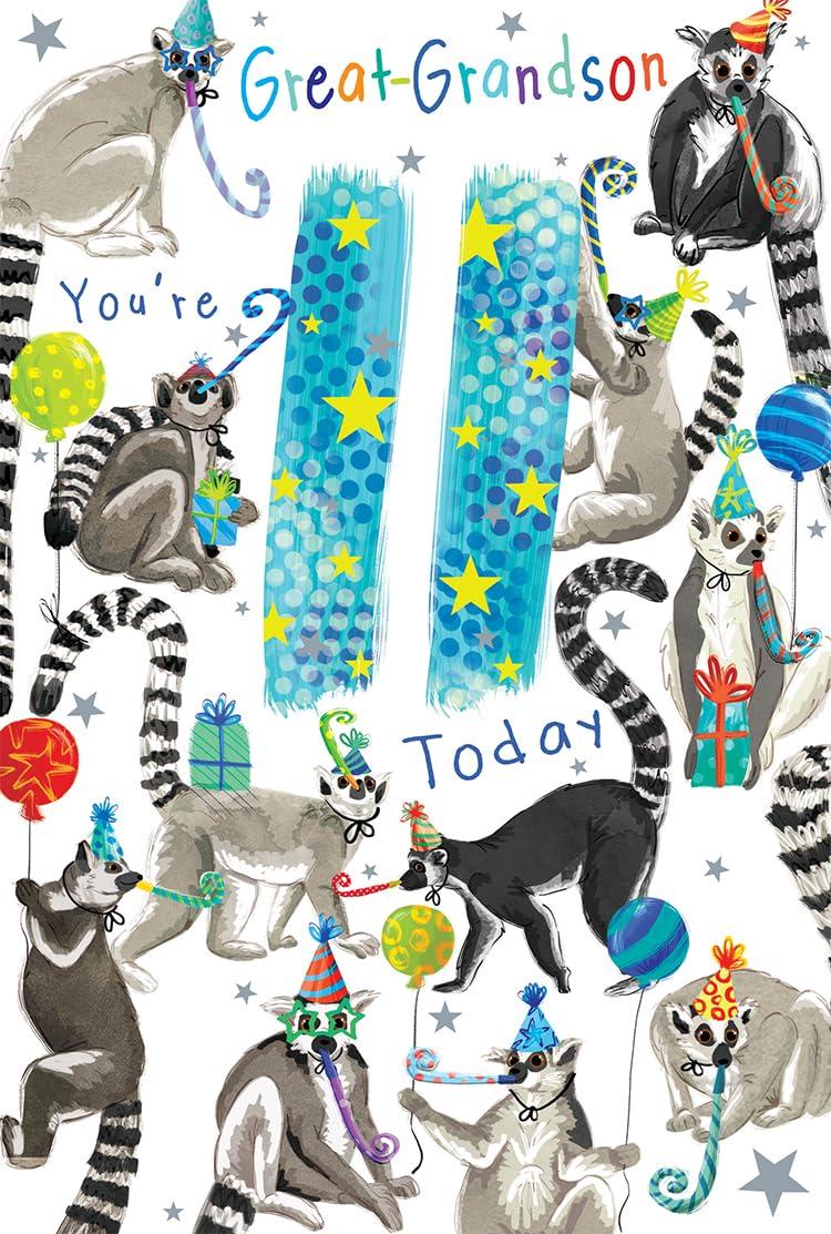 Great Grandson 11th Birthday Card Age 11 Lemurs Party Fun Lovely Verse Insert