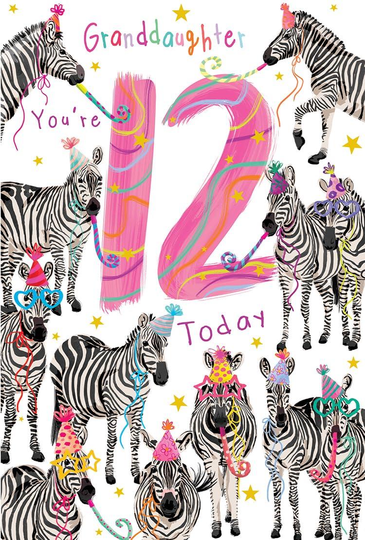 Granddaughter 12th Birthday Card Age 12 Zebras Party Fun Lovely Verse Insert