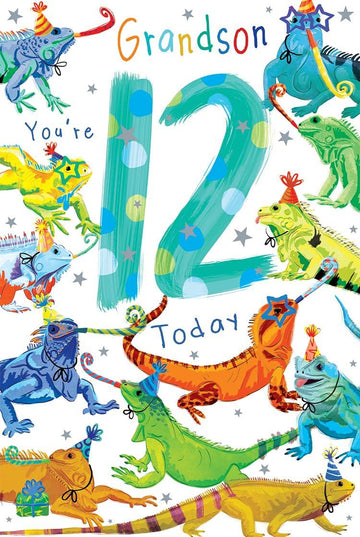 Grandson 12th Birthday Card Age 12 Iguana Lizard Printed Insert Lovely Verse 