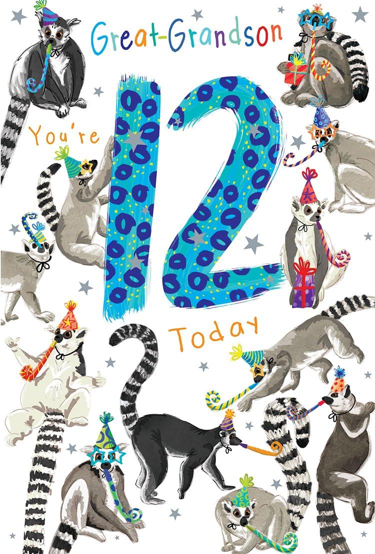 Great Grandson 12th Birthday Card Age 12 Lemurs Fun Printed Insert Lovely Verse 