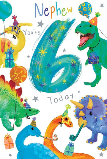 Nephew 6th Birthday Card Age 6 Dinosaurs Fun Printed Insert with Lovely Verse