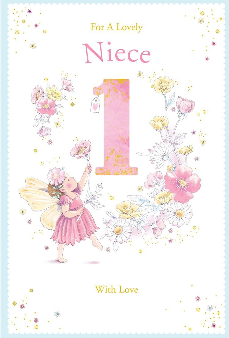 Niece 1st Birthday Card Age 1 Daisy Fairy 9'' x 6'' Lovely Verse with Gold Foil