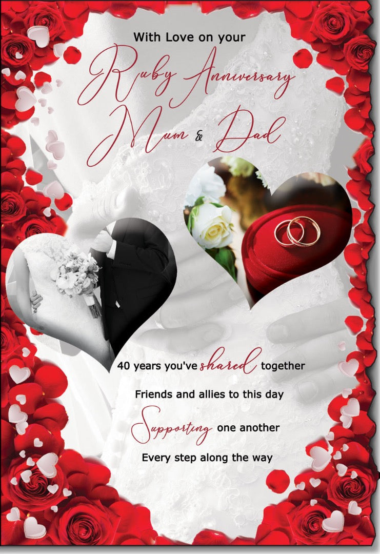 Mum & Dad on your Ruby 40th Anniversary - Die Cut Card with Loving Words Verses - Full Colour Insert by Cardigan Cards