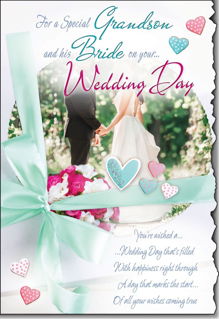 Grandson & Bride Wedding Day Congratulations - Die Cut Card with Loving Words Verses - Full Colour Insert by Cardigan Cards