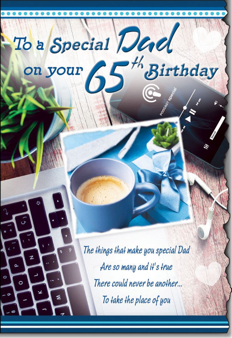 To a Special Dad on your 65th Birthday - Die Cut Card with Loving Words Verses - Full Colour Insert by Cardigan Cards