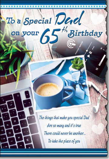 To a Special Dad on your 65th Birthday - Die Cut Card with Loving Words Verses - Full Colour Insert by Cardigan Cards