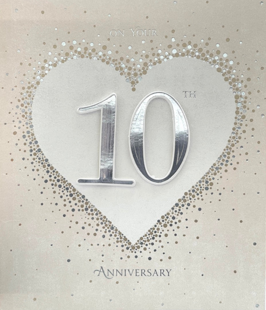 On Your 10th Anniversary Congratulations Gold and Silver Foiled Pearlecent Card