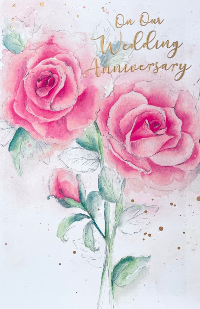 On Our Wedding Anniversary Watercolour Roses Art Love Lucky Proud Gold Foil Card