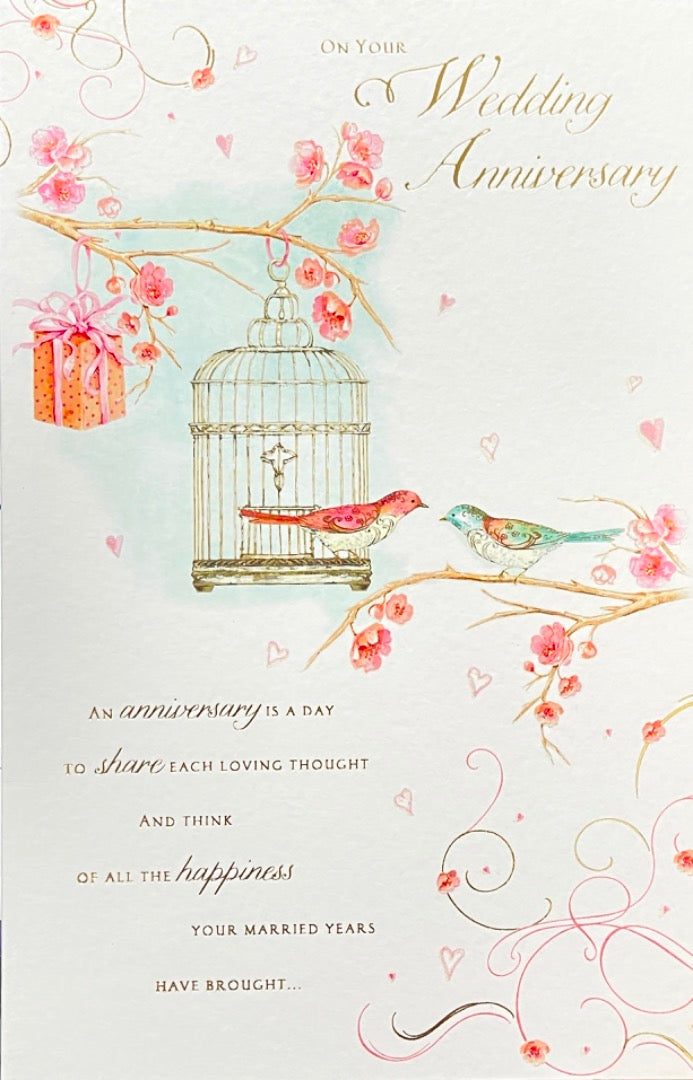 On Your Wedding Anniversary Wonderful Couple Love Birds Art Glitter Foiled Card