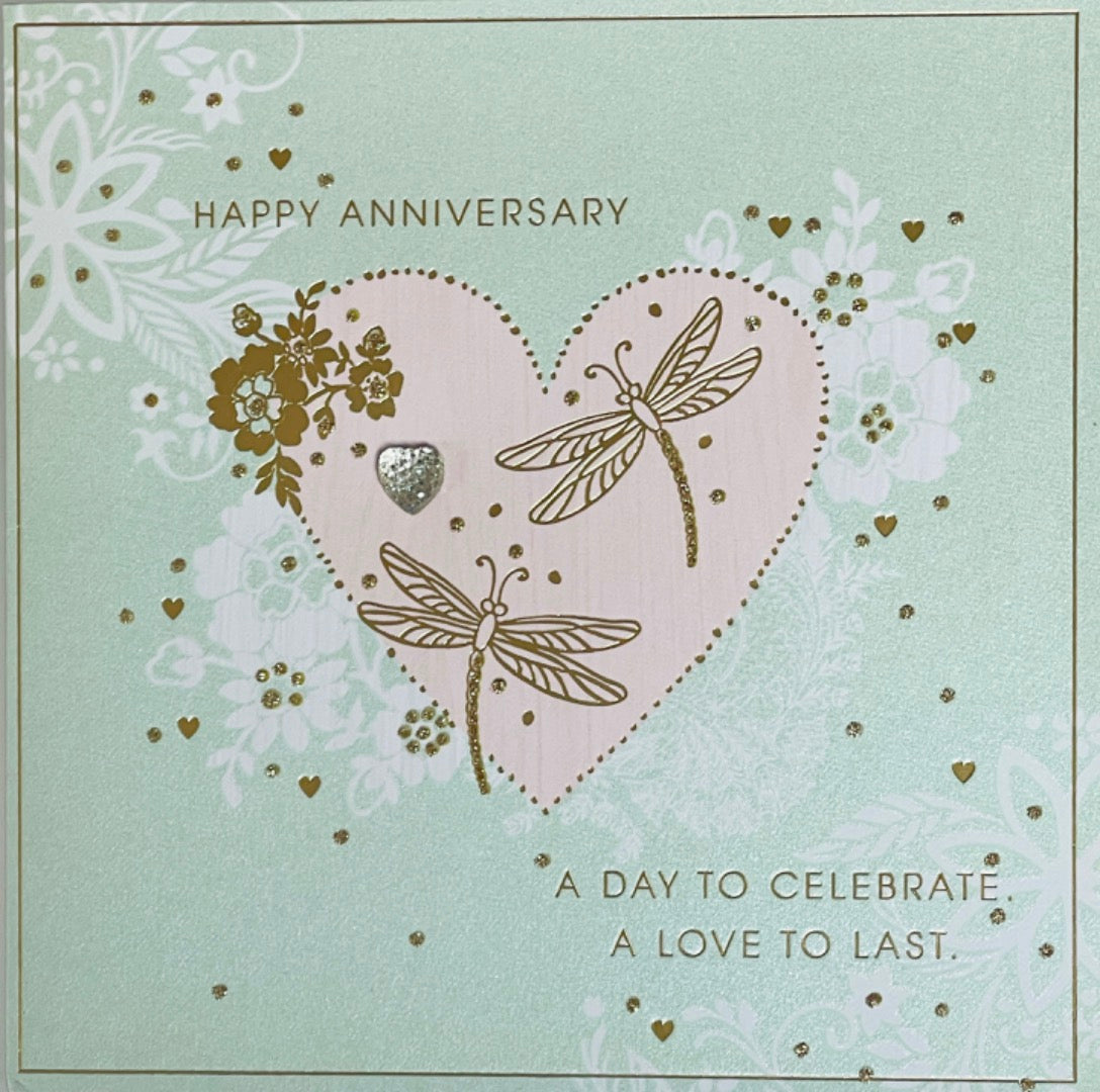 Happy Anniversary Celebrate Love To Last Dragonflies Embellished Greeting Card with Gold Foil and Glitter on Pearlescent Board