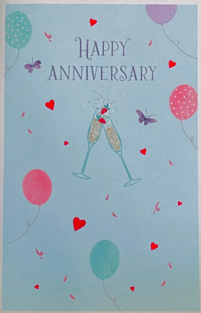 Happy Anniversary Greeting Card - Champagne Confetti Balloons Hearts Butterflies