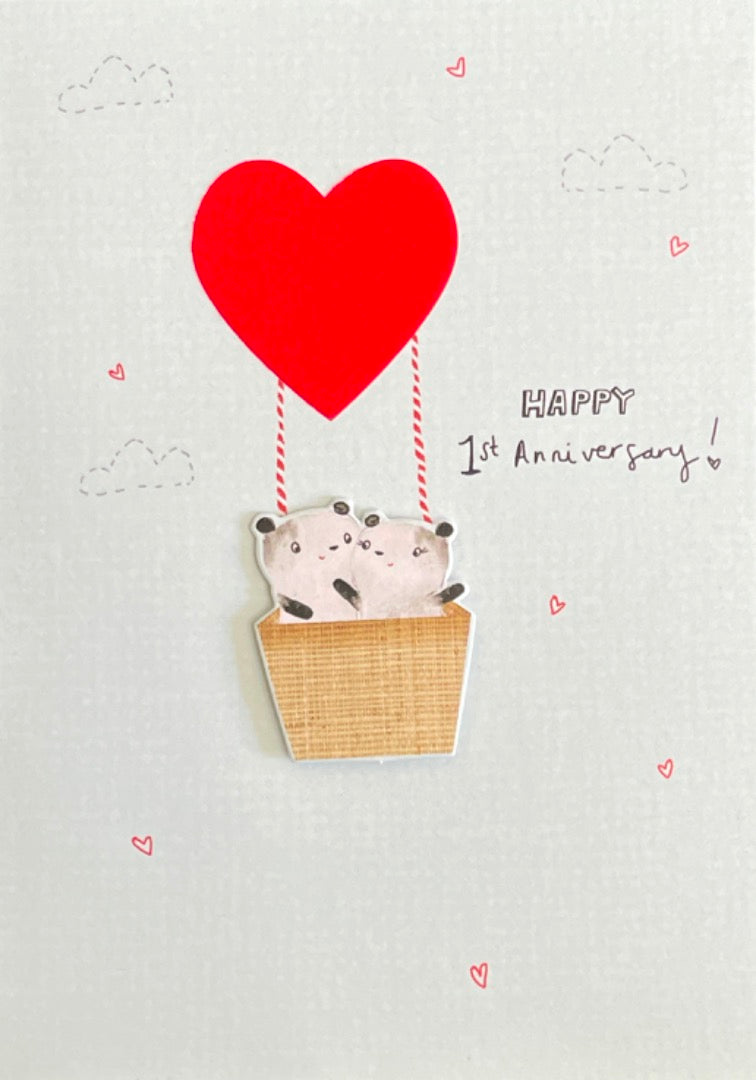 Happy 1st Anniversary Greeting Card Cute Panda Bears Couple in Love Heart Air Balloon