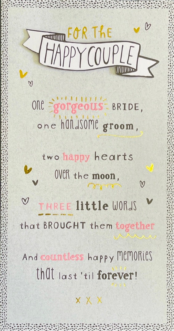 For The Happy Couple On Your Wedding Day and A Happy Ever After Greeting Card with Lovely Verse - Gold Foiled Finish