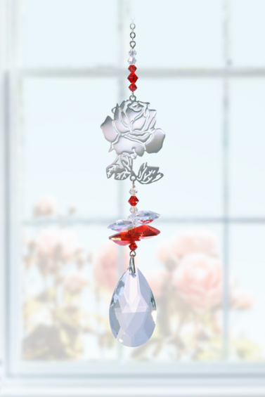 Red Rose Crystal Fantasy Love Spiral Crystal Pendant Sun-Catcher Mobile, Handmade in UK, Red Colourway Bead Cascade, Chrome