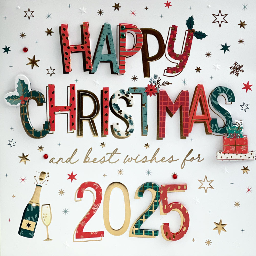 Merry Christmas & Best Wishes for 2025 Luxury Single Xmas & New Year Greeting Card - Gold Embossed - Embellished - Raised Cut-Out Art by Talking Pictures