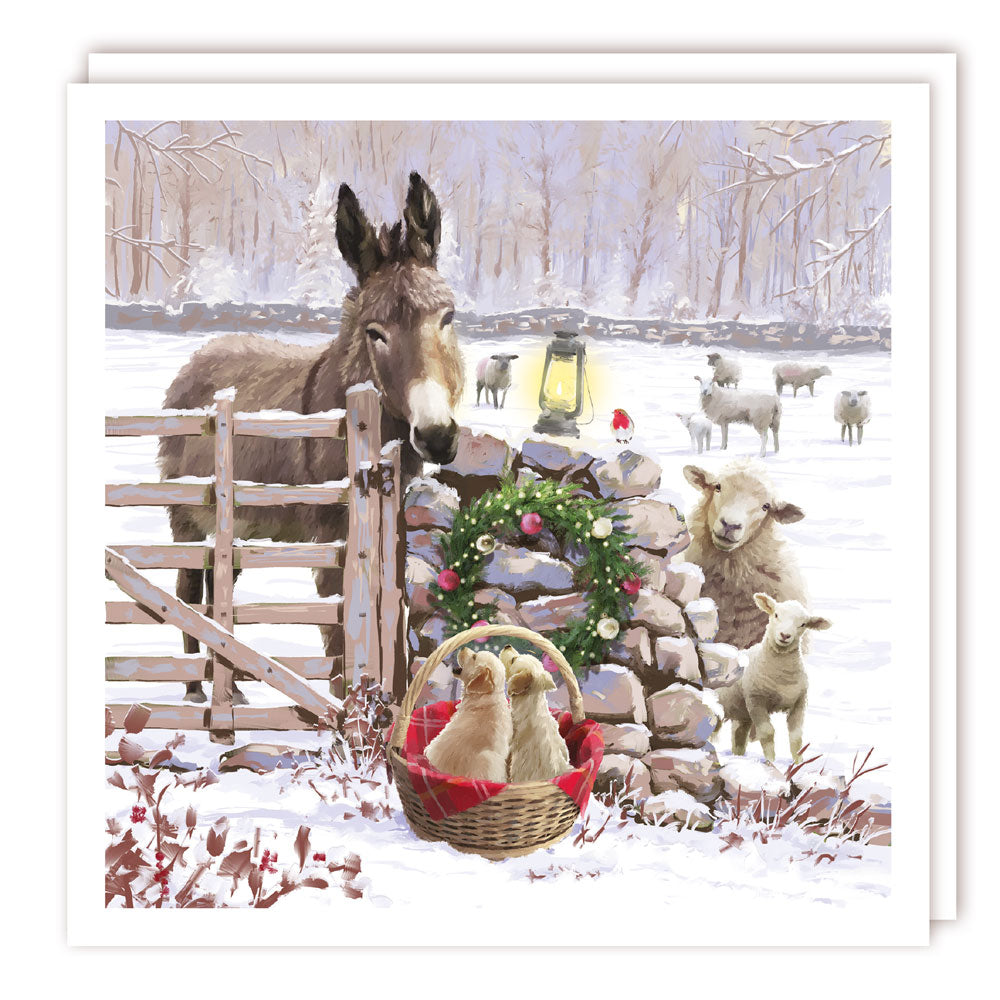 Donkey Sheep & Labrador Puppies at Snowy Farm Gate - 10 Charity Christmas Cards