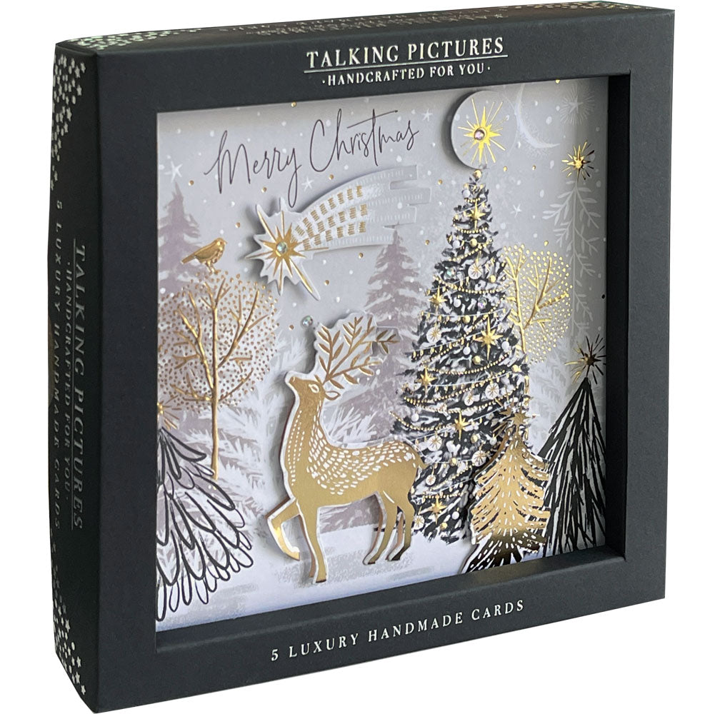 Golden Stag Exquisite Handmade Box of 5 Embellished Christmas Cards - Gold Embossed - Raised Cut-Out Art by Talking Pictures