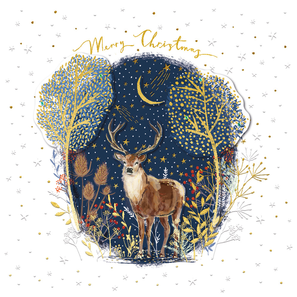 Majestic Winter Stag Exquisite Handmade Luxury Single Christmas Card - Gold Embossed - Embellished - Raised Cut-Out Art by Talking Pictures