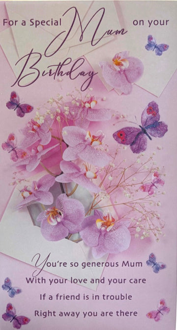 Special Mum Birthday Card - Pink Orchids & Butterflies with Colour Insert & Lovely Verse