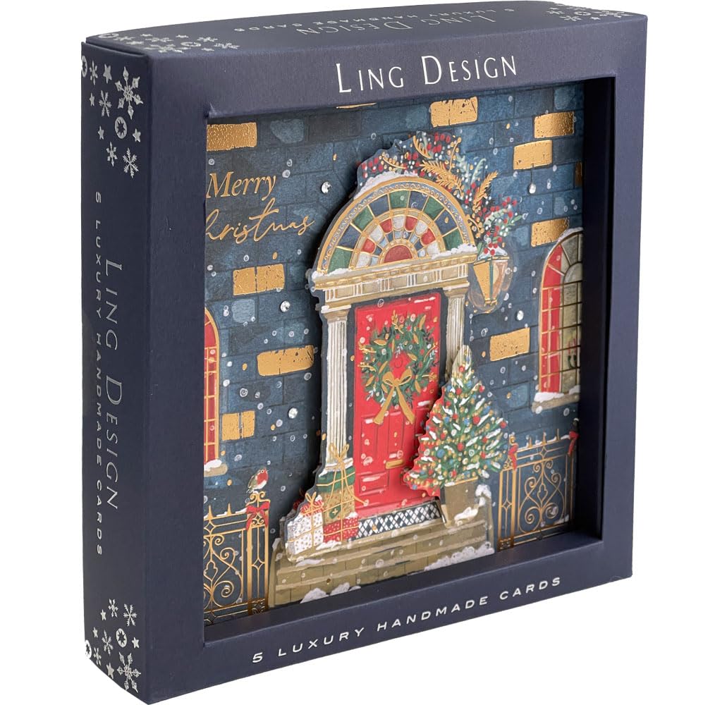 Presents on the Doorstep Exquisite Handmade Box of 5 Christmas Cards By Ling Design - Gold Embossed - Embellished - Raised Cut-Out Art