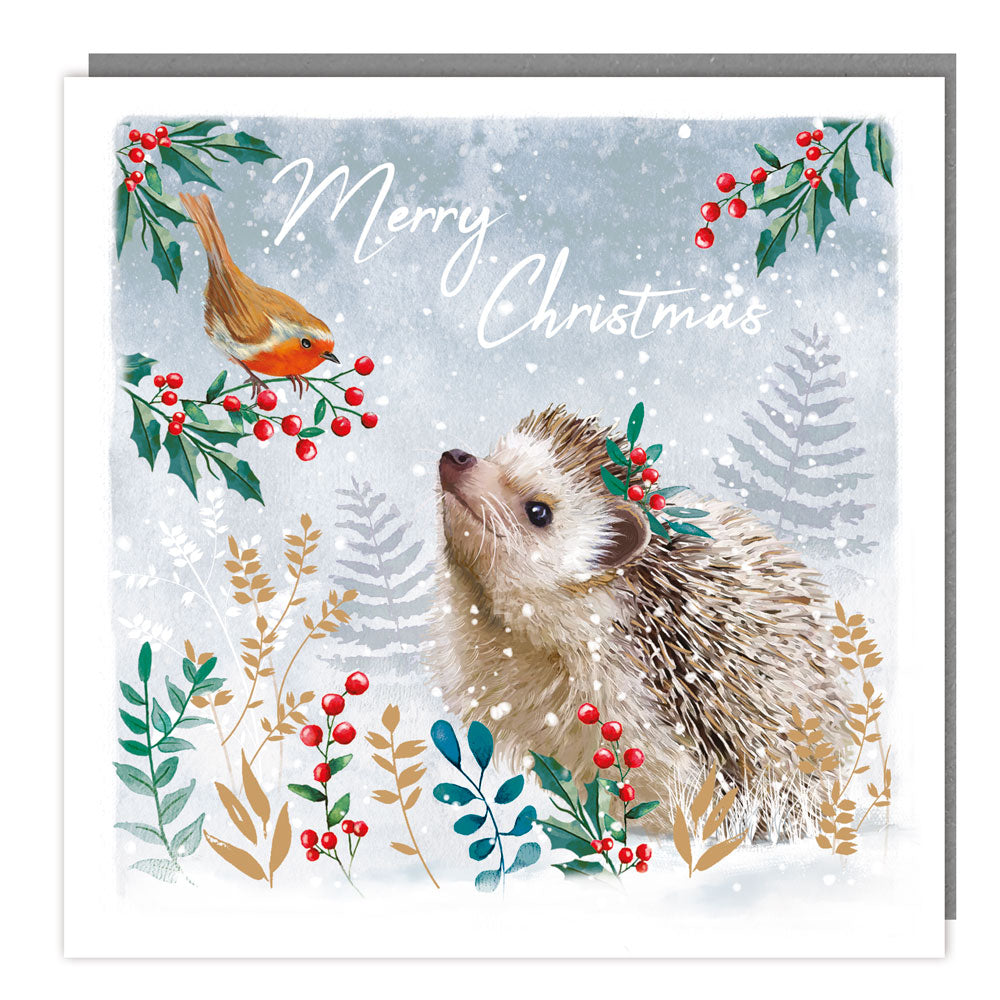 Hedgehog and Robin Berries Premium Gold Foiled Charity Christmas Cards Pack of 5