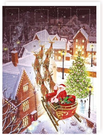 Santa Waving Flying ver Rooftops 24 Door Traditional Advent Calendar w/ Envelope