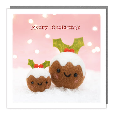 Happy Christmas Puddings with Holly and Flittered Snow Charity 5 Xmas Cards Pack