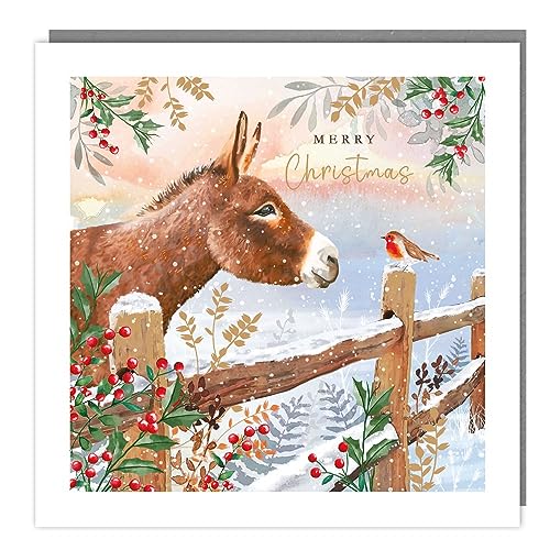 Tracks Publishing Charity Christmas Cards - Donkey and Robin at Snowy Farm Gate with Foil Finish - Eco-Friendly - Pack of 5 Cards