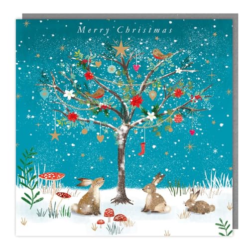 Marie Curie Charity Christmas Cards - Pack of 5 - Rabbits, Robins and a Decorated Tree - Festive Design - Special Finish - Made in the UK - Eco-Friendly