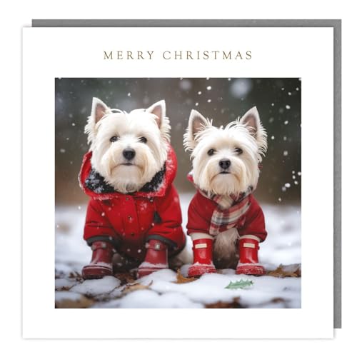 Marie Curie Charity Christmas Cards - Pack of 5 - Snowy Westie Dogs - Festive Design - Special Finish - Made in the UK - Eco-Friendly