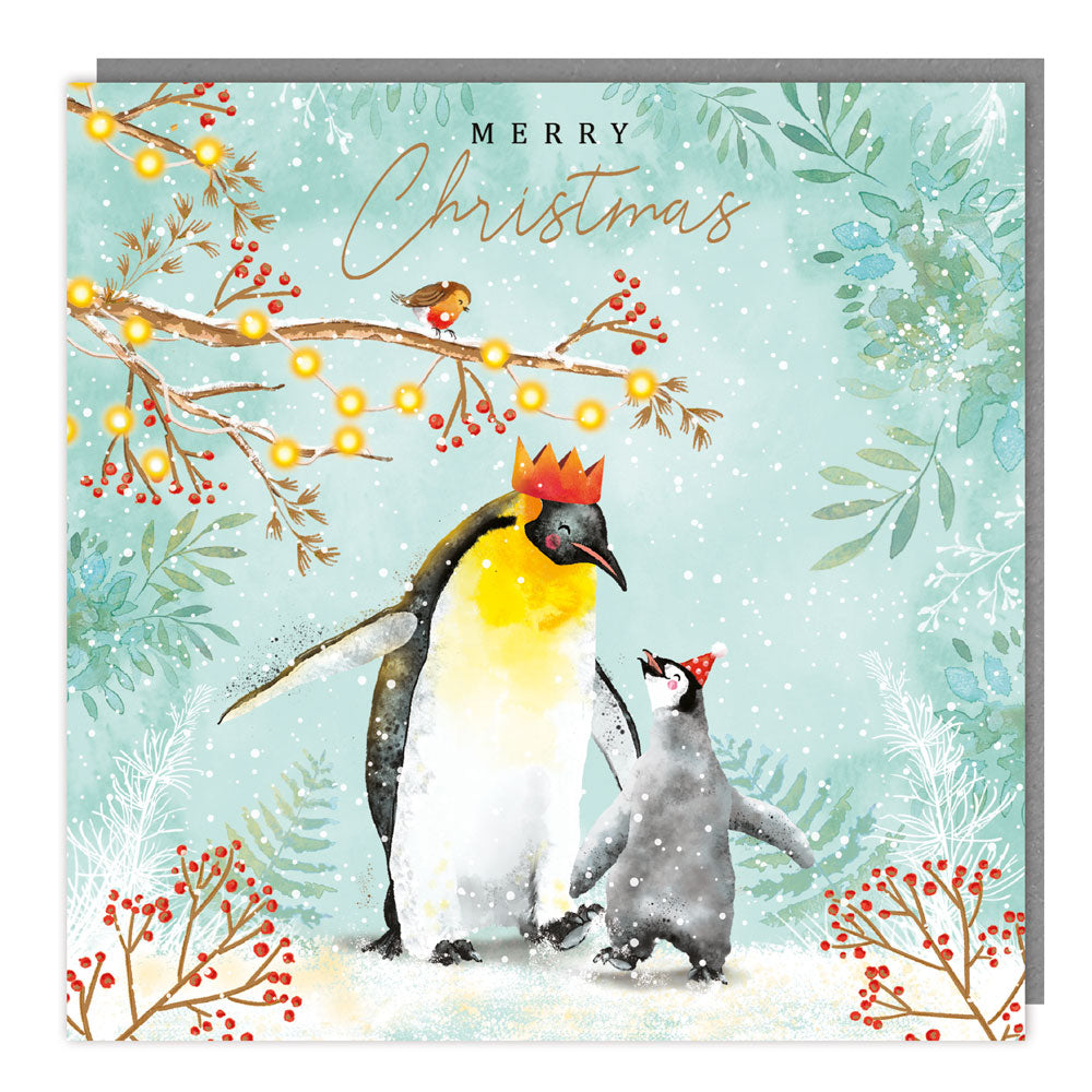 Penguins and Festive Foliage Premium Foiled Cancer Charity Christmas Cards 5 Pack