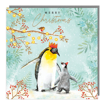 Penguins and Festive Foliage Premium Foiled Cancer Charity Christmas Cards 5 Pack